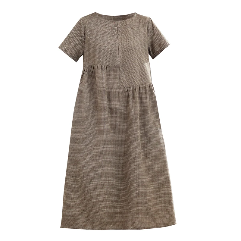 Estate delle nuove donne di lino cotone Dr Casual di media lunghezza Plaid Loose Fit rotondo Ne ort Sve Artistico Sle Midi Dr