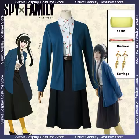 Anime SPY×FAMILY Yor Forger Cosplay Costume Blue Dress Earrings Artistic Style Outfit Fullset Halloween Carnival Party Comic Con