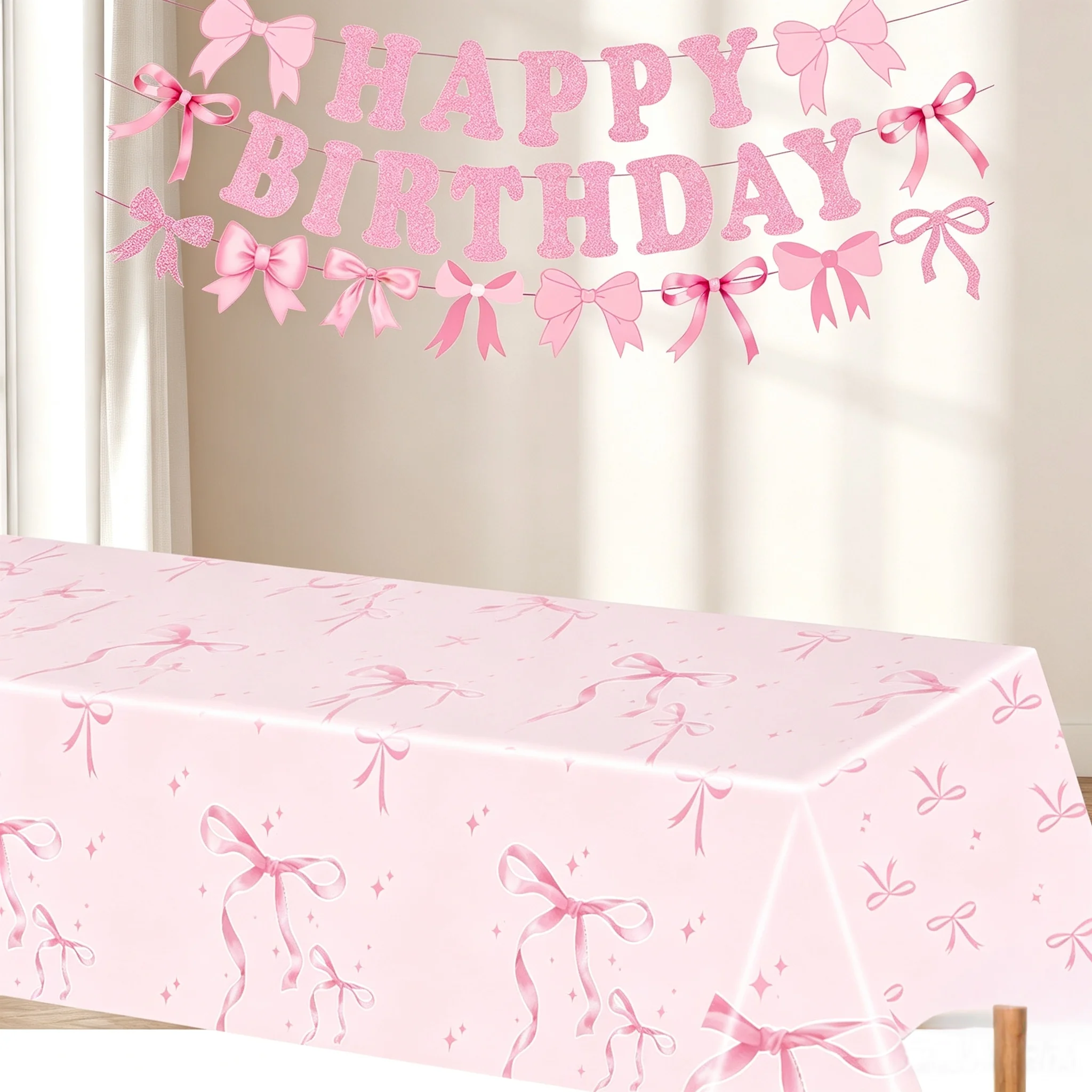 1PC Pink Bow Disposable Plastic Tablecloth ，Table Cover for Wedding Birthday Baby Shower Anniversary Party Decorations