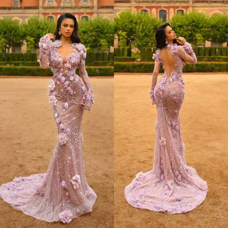 

Exquisite Handmade Flowers Prom Dresses Long Sleeve Sweep Train Mermaid Evening Gowns Crystals Customized Vestidos De Gala