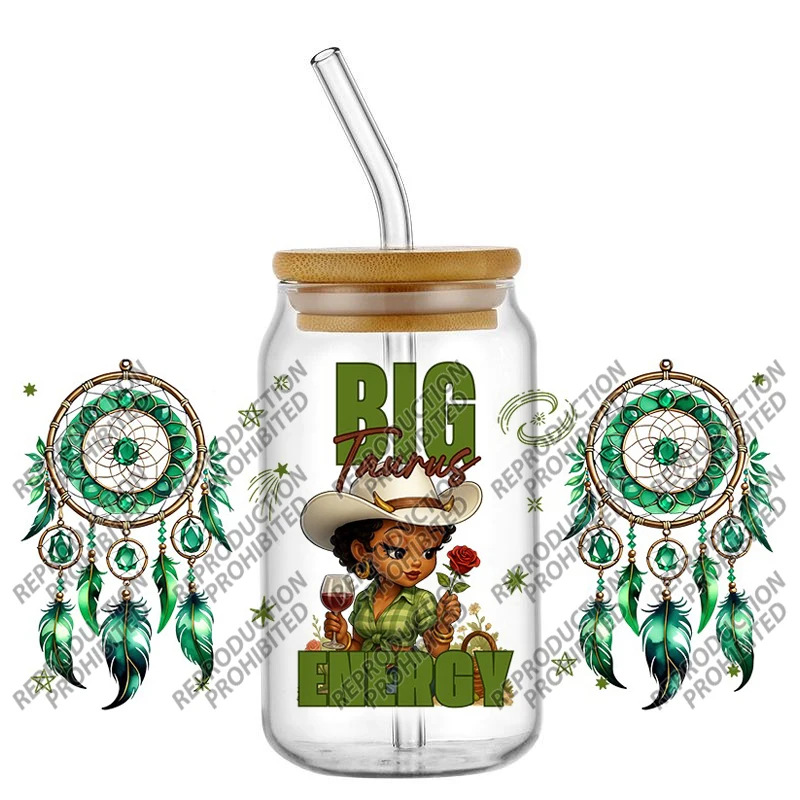 Boho Dreamcatcher Zodiac black girl UV DTF Cold Transfer Stickers Durable Print DIY 16oz Glass Can Birthday Gift cup Decor