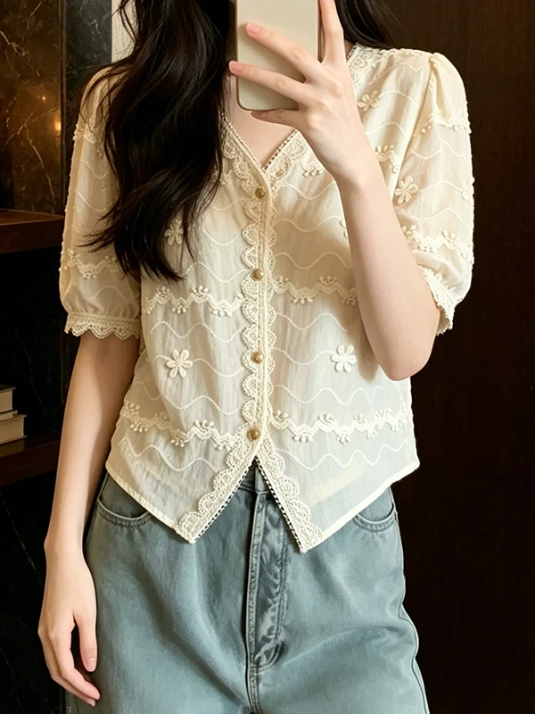 

Loose Korean Style plus Size Women's Shirt Summer 2026 V-Neck Splice Short Sleeve Fashion Top Breathable Skin-Friendly Daily ...