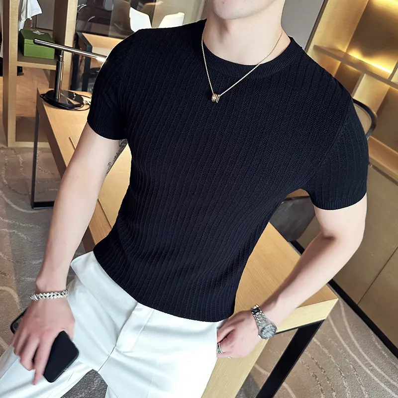 

Облегающий трикотажный свитер с круглым вырезом и коротким рукавом, базовый слой, повседневная летняя модная одежда из полиэфирного волокна, дизайн с круглым вырезом