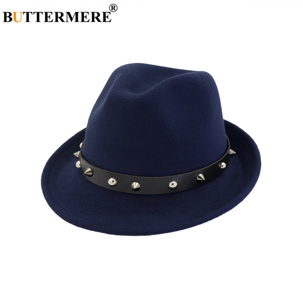 

BUTTERMERE Brand New Design Men Navy Blue Fashion Felt Fedoras Hats with Rivet Belt Jazz Trilby Top Hat Cap Punk Rock Hip Hop