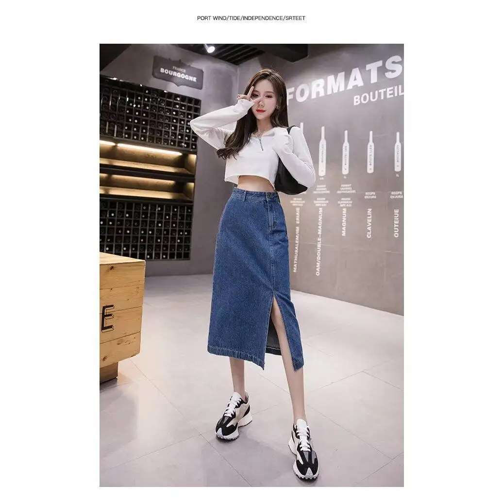 

Джинсовая юбка миди с высокой талией и разрезом спереди, женская, больших размеров, А-силуэт, стройнящая, повседневный стиль, с наполнителем из утиного пуха