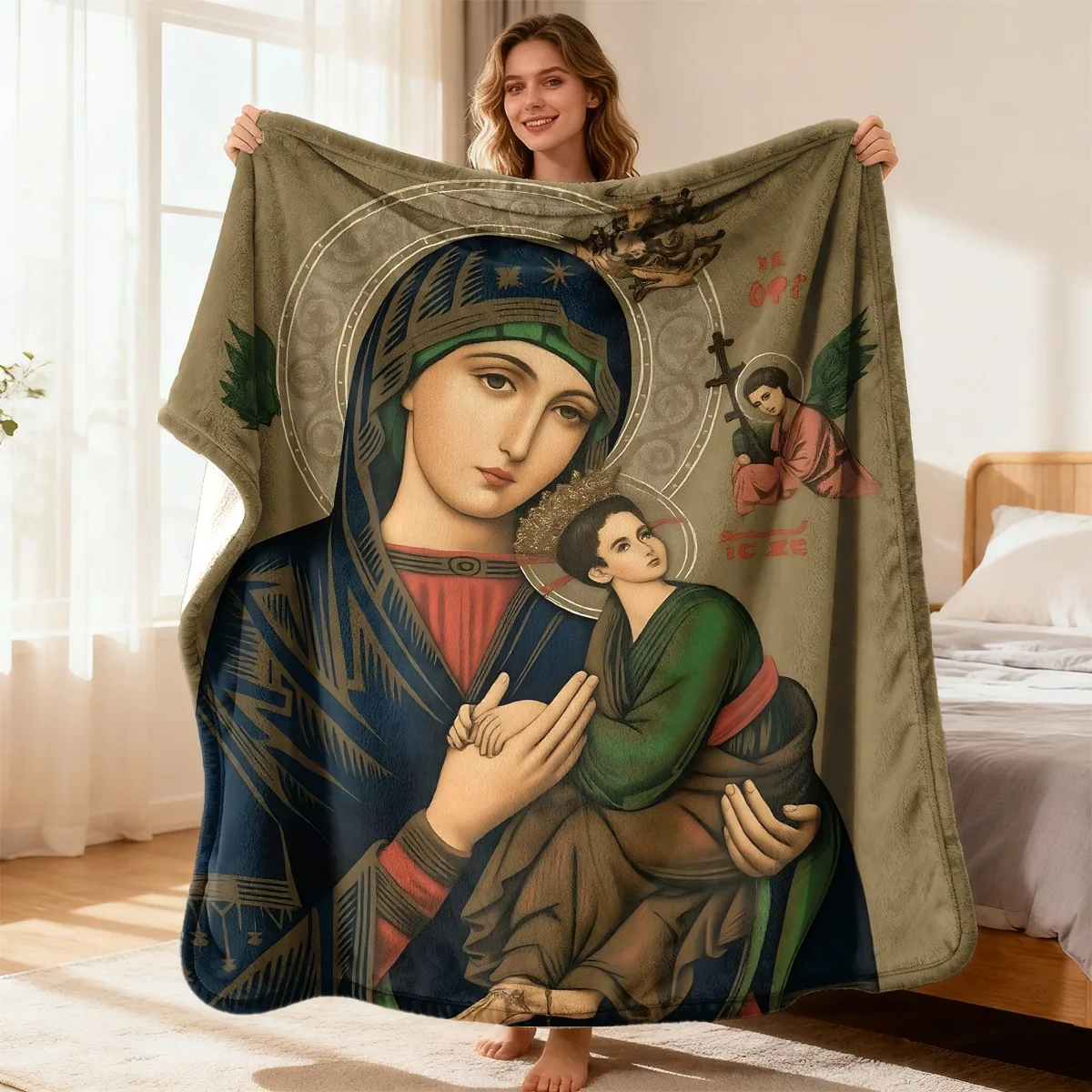 Extra Large Religious Art Blanket Throw Christian Byzantine Design Spiritual Luxury Soft Plush Bedding 150x200cm