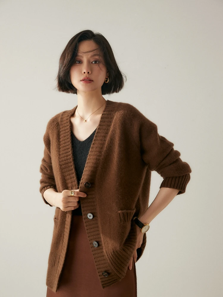 

One Size Women's 100% Cashmere Cardigan Sweater Thick Autumn Winter V-neck Knitwear Pockets Coat Office Lady Style Clothing Chic