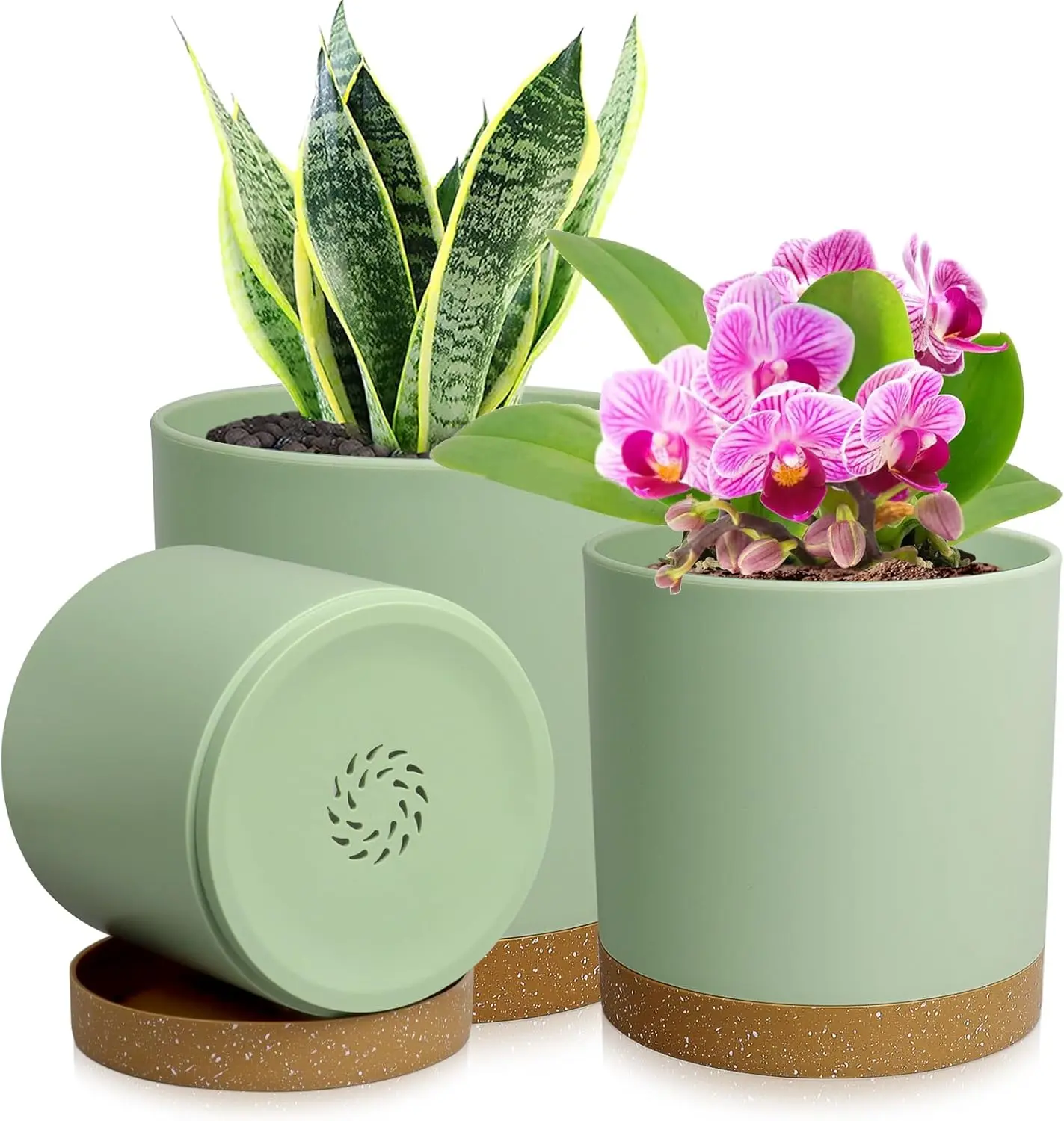 

3 Pack 6/5/4 inch Cylindrical Flower Pots with Drainage Holes & Saucers, Modern Small Round Plastic Planters for Indoor Outdoor Office Decor