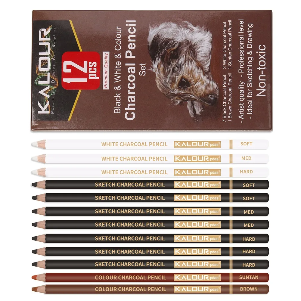 6/12pcs KALOUR Carbon Pencil  Professional High gloss Pencil White/Black Colorful Carbon Sketch Pencil Art Drawing Tools Supplie