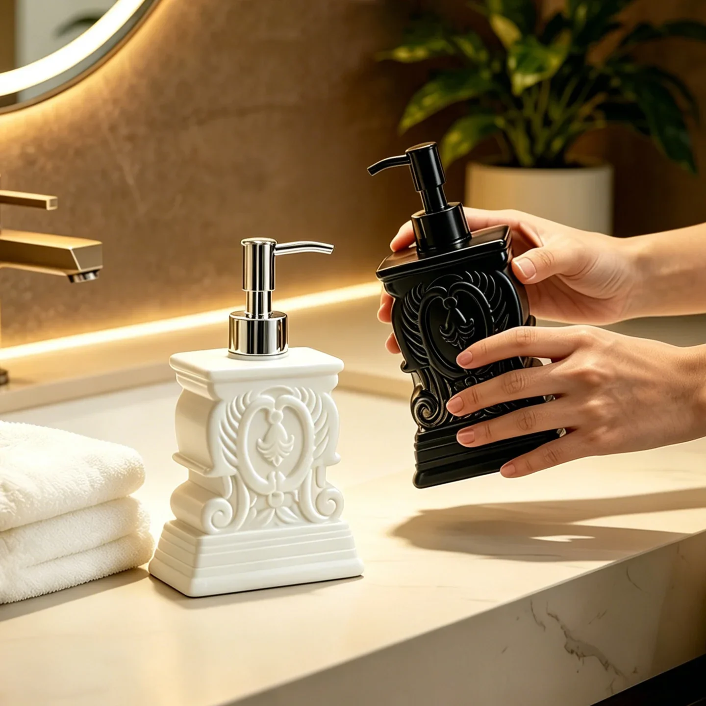 Vintage Baroque Relief Soap Dispenser Roman Column Resin Lotion Pump Bottle Can Replenish Liquid Hand Sanitizer Container Table