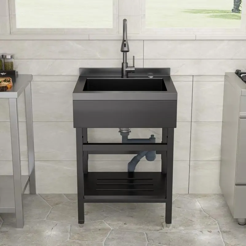 for US Shipped Independent Kitchen Sink Stainless Steel Hot and Cold Water Pipe Storage Rack Garage Black Multifunctional