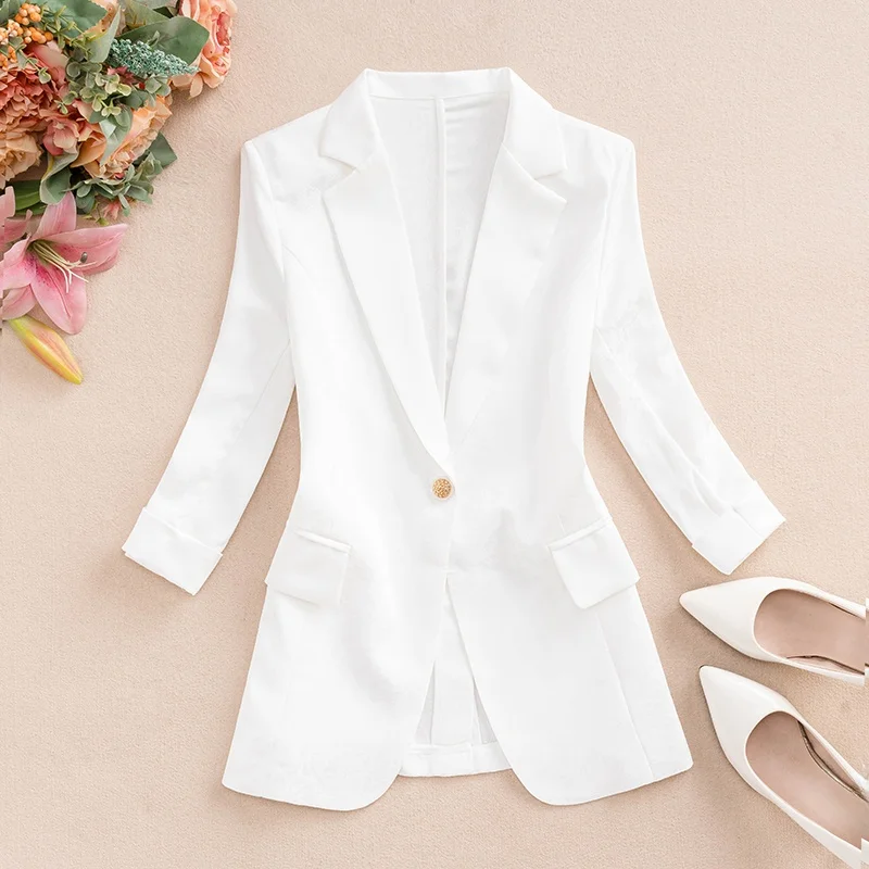 

Весенне-летний тонкий женский пиджак с цветочным узором, приталенный, с утягивающим эффектом на талии, для офиса, повседневный, тонкий, стандартного кроя