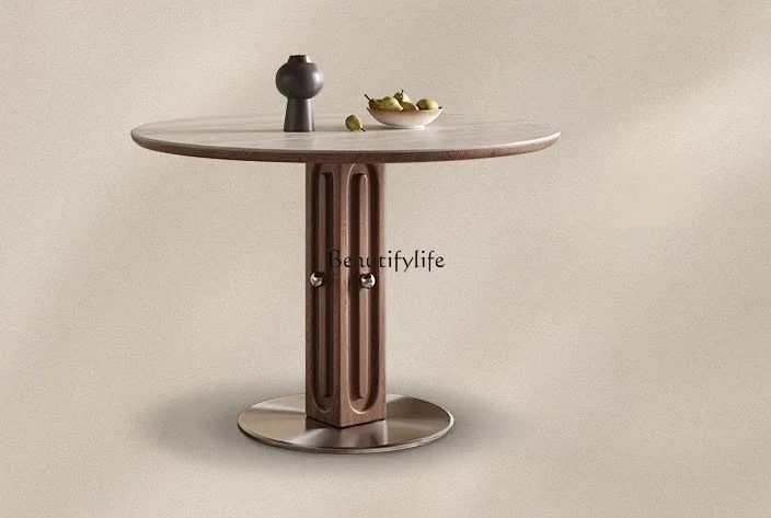 

pg45Solid wood rock slab round table household small apartment modern simple design new travertine rock slab dining table