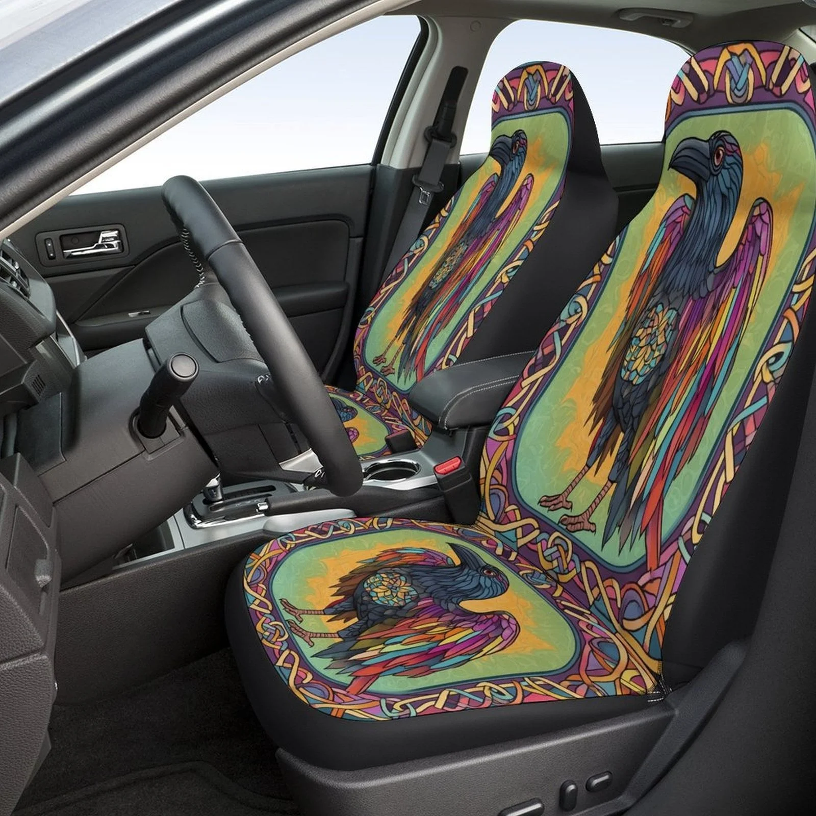 A Set Of Universal Car Seat Covers Featuring A Stained Glass Raven Design, Suitable For Most Vehicles. These Trendy, High-Qualit