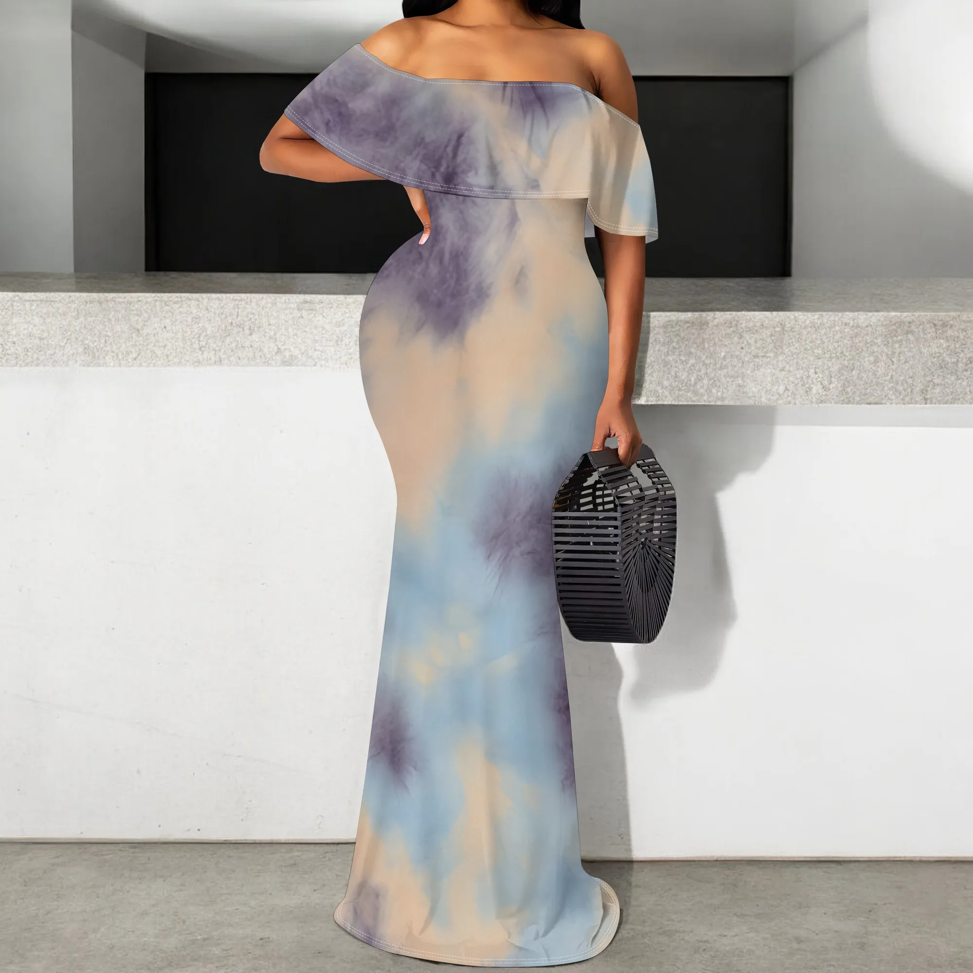 

Purple Blue Tie-Dye Off Shoulder Maxi Dress S-3XL Ruffle Hem Bodycon for Beach Vacation, Summer Wedding or Cruise Party