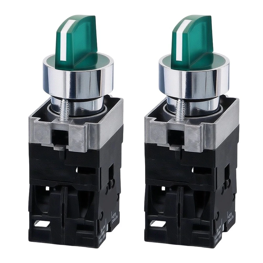 2pcs Three-Position Rotary Switch with Green LED Indicator for 12V 24V 220V 380V Applications Industrial Control Panel Mount