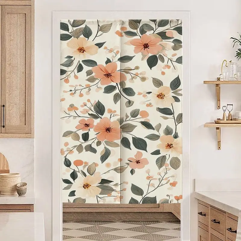 VIKAMA Soft Country-Style Floral Japanese Half-Door Curtain, Vintage Camellia Print Fabric Curtain, Privacy Divider, Home Decor