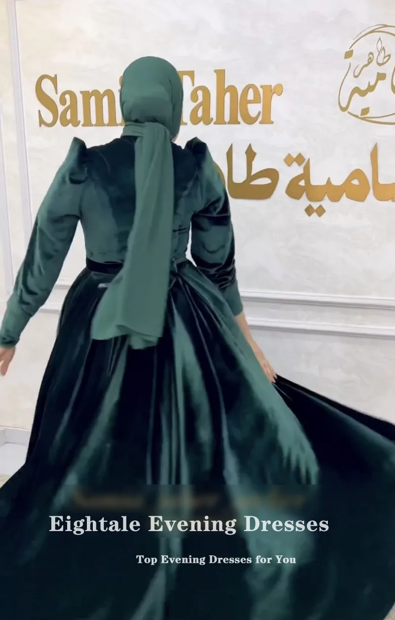 Eightale Muslim Evening Dress Arabic Dark Green Prom Gown Beaded Long Sleeves Crystals Velvet Ball Gown Wedding Party Dress