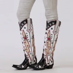 White Western Boots Ethnical Retro Knight's Boots Fashion Five-pointed Star Cowgirl Boots