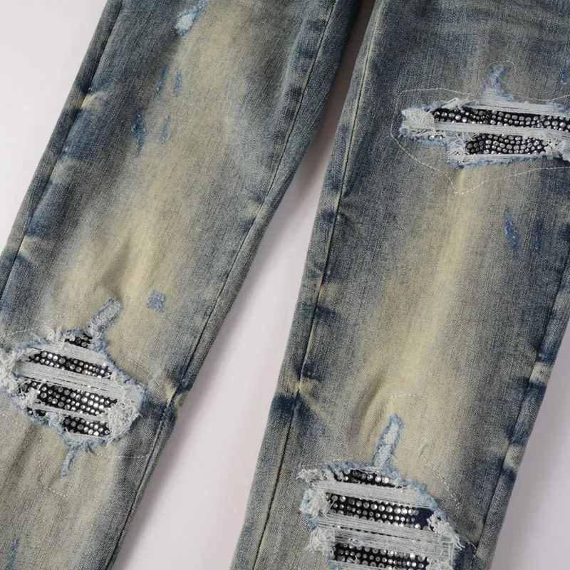 Fashionable new high-quality jeans men's jeans retro light blue washed nostalgic stretch slim fit bead patch jeans high street h