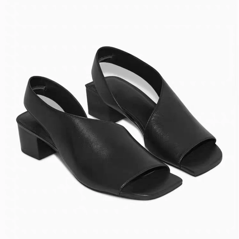 

Fashion Designer New Summer Women Genuine Leather Sandal Slip-On Open Toe Black Casual Shoes Vintage Block Chunky Heels Sandals