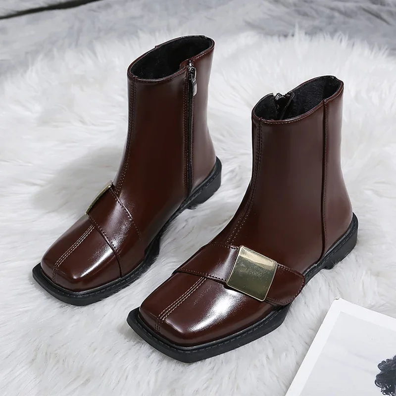 

Square Toe Ankle Women Boots Flats Elegant Leather Shoes 2025 New Brand Winter Woman Sexy Chelsea Boots Designer Botas Mujer