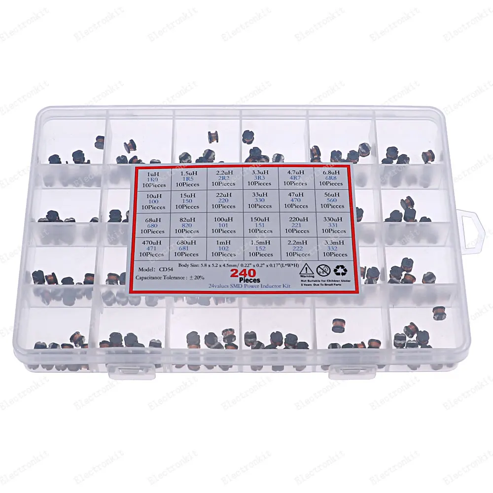 240pcs 24value x 10pcs CD54 SMD Wound Inductance Box kit 2.2/3.3/4.7/6.8/10/22/33/47/68/100/220/330-680uH 1mH Wire
