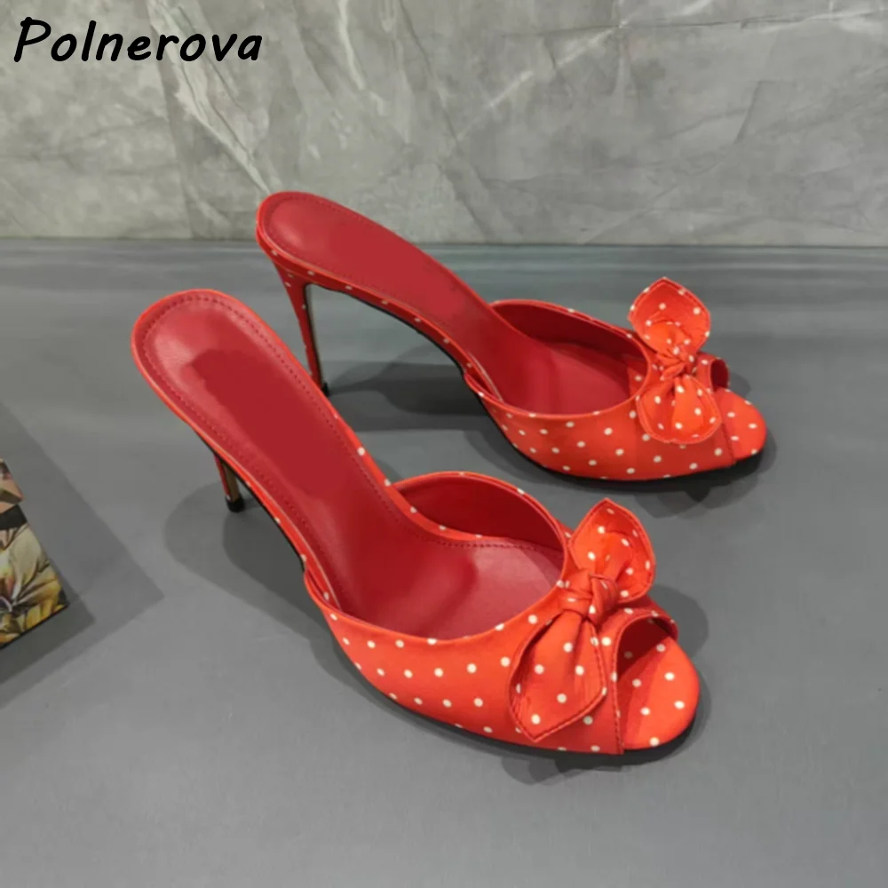 

Orange Polka Dot Bow Decor Slippers Peep Toe Backless Mules Stiletto High Heel Sandals Women Summer Elegant Casual Sandals