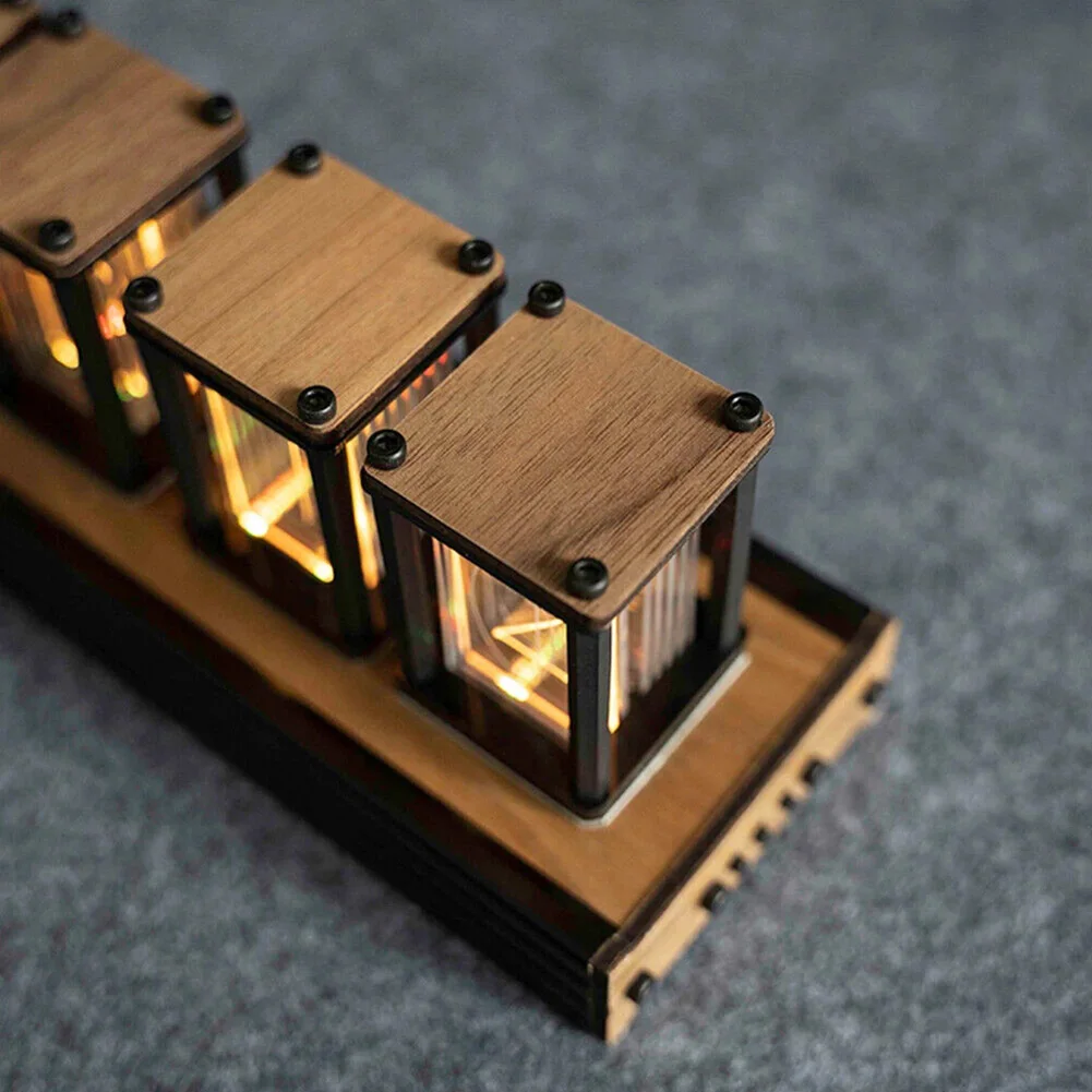Self Assembly RGB Digital Glow Tube Clock with Wood Frame 4-Digit and 6-Digit Display Supports Alarm Timer and WiFi Pairing