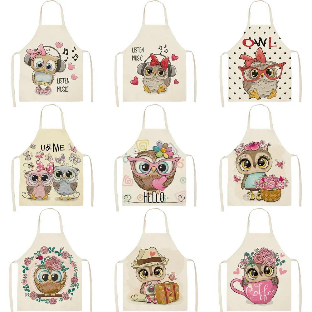 1Pcs Owl Sleeveless Apron Cotton Linen Flower Printed Kitchen Brief Pinafore Women Home Cooking Baking Waist Bib Kawaii Apron