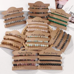 3pcs/set Natural Stone Beads Bracelet 4 6 8 mm Black Onyx Amazonite Indian Agates Tiger Eye Elastic Bracelet Set ﻿For Women Men