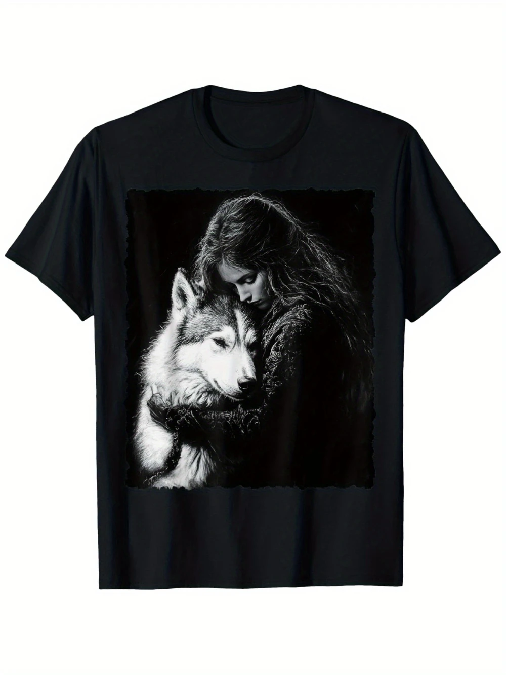 Ladies and Husky Fantasy Art Pattern T-shirt - Women's Regular Short Sleeve Top, Daily Casual Gift Art Printed Shirt