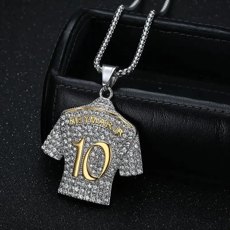 Megin D Stainless Steel Titanium Hip Hop Football T Shirt Number 10 Pendant Collar Chains Necklace for Men Women Fans Gift Jewel