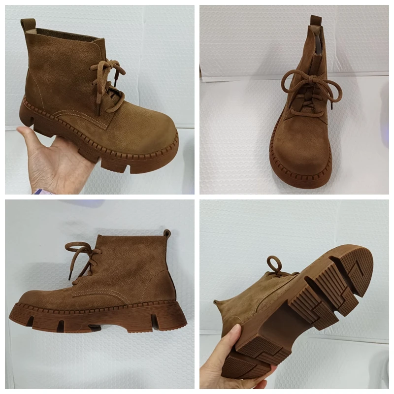 Koznoy 4.5cm Retro zamszowe bydlęce z prawdziwej skóry na podeszwie damskie wiosenne botki brytyjskie jesienne mokasyny gumowe buty