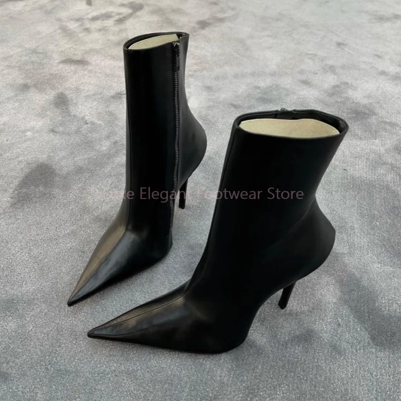 

Black Leather Side Zipper Pointed Ankle Boots Women Solid Slip On Stiletto Knee High Boots Fashion Trendy Party Prom Lady Shoes