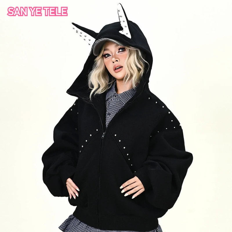 أسود الصفصاف مسمار أرنب الأذن هوديي سترة المرأة فاسق الخريف جديد فضفاض Y2K زمم موضة البلوز فريد الهيب هوب سترة