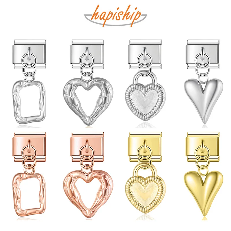 Hapiship 2023 High-quality New Hollow Fashion Heart Square Charm Link Fit 9mm Stainless Steel Bracelet Making DIY Jewelry DJ655