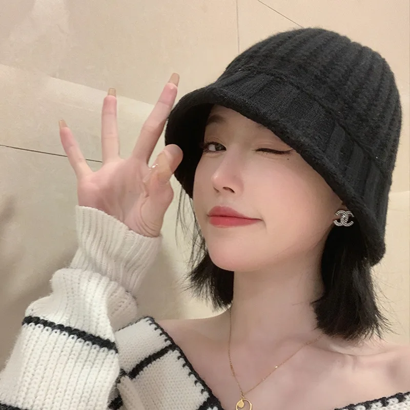 الشتاء متماسكة الصوف دلو قبعة للنساء الكورية بلون صياد قبعة في الهواء الطلق يندبروف قبعات بنما الدافئة #1