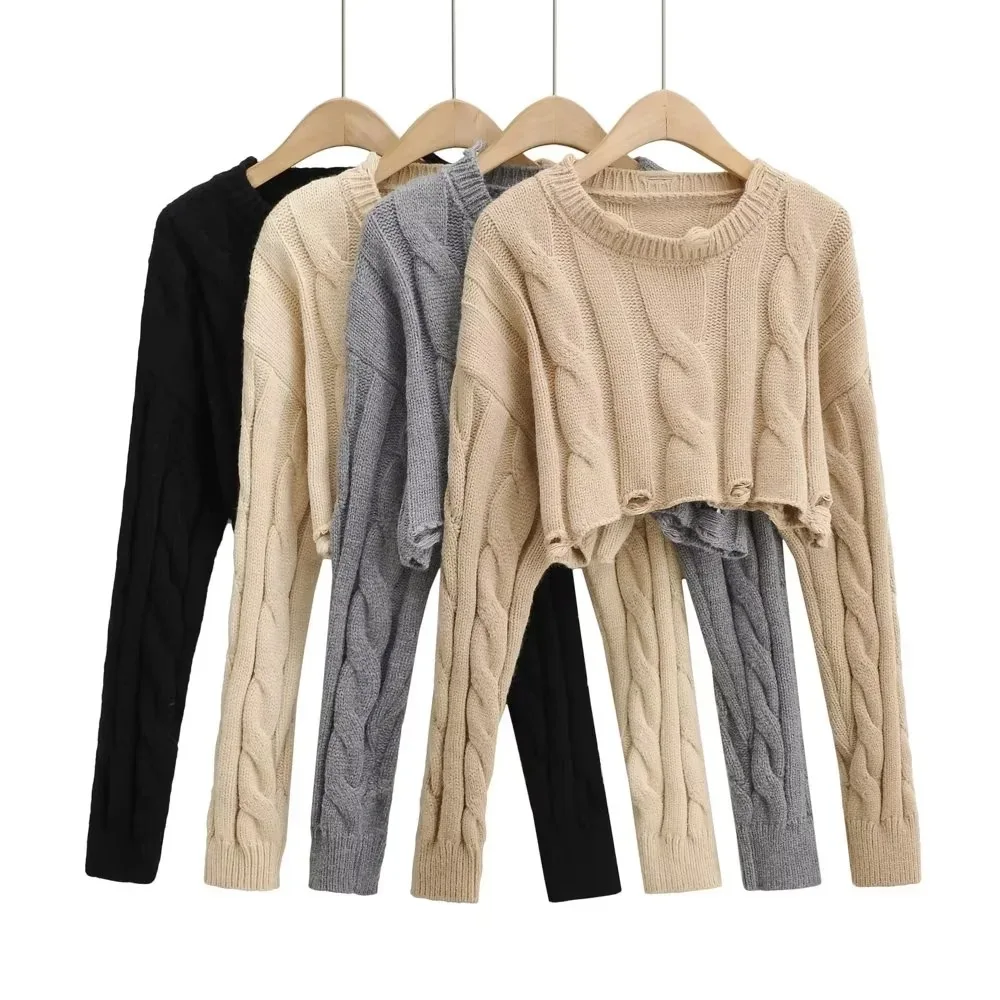 

European Style Short Sweater Women Autumn New O-Neck Long Sleeves Loose Ripped Pullovers Fashion Streetwear Knitwear