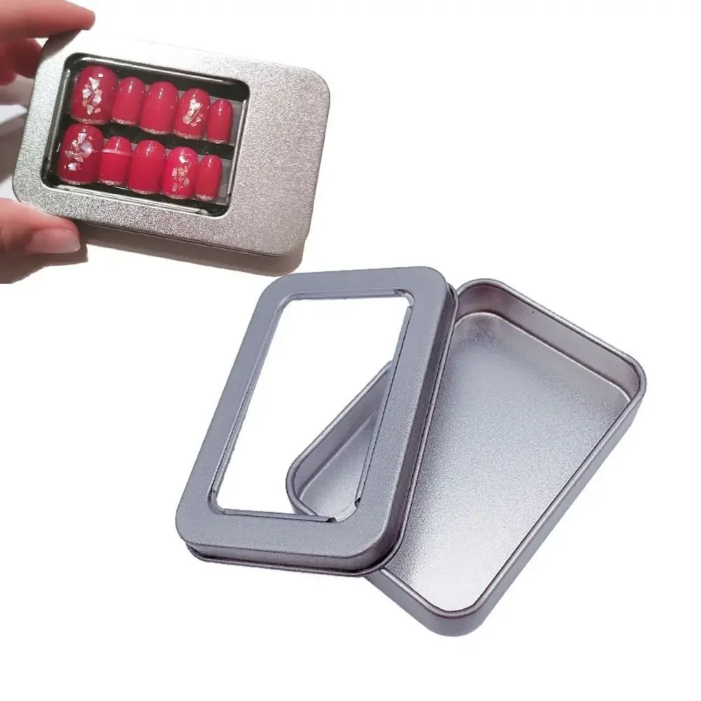 

Multicolor Tin Box with Clear Window Lid Empty Jewelry Box Nail Art Display Case Rectangular Candy Package Metal Box