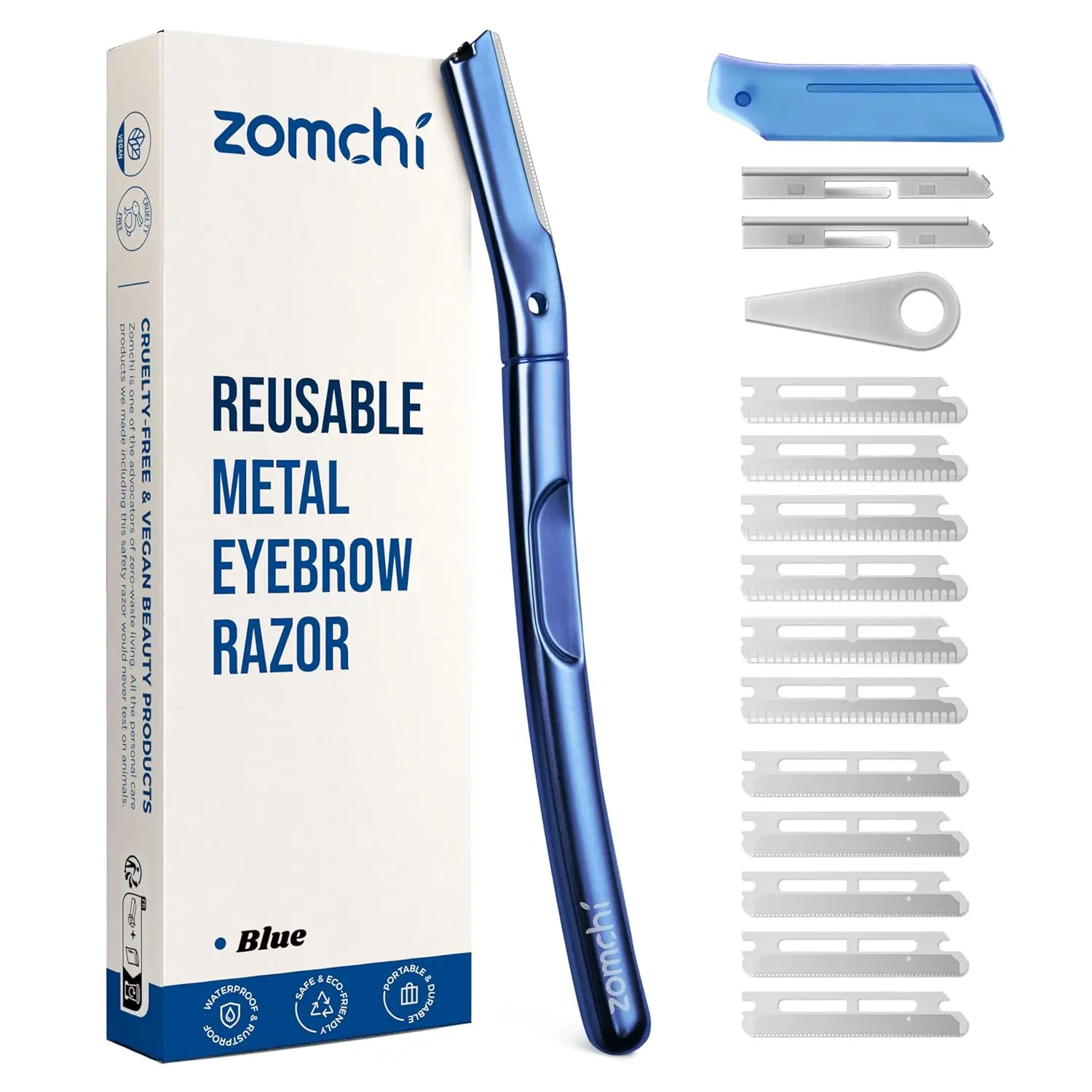 

Dermaplane Razor for Women & Men, Eyebrow Shaver with 11 Blades, Reusable Face Razor with Protective Silicone Cap, Matte Blue