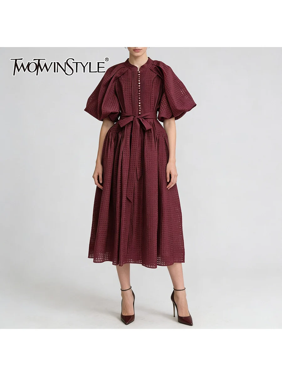 

TWOTWINSTYLE Solid Sheer Spliced Plaid Casual Dresses for Women Round Neck Short Sleeves Patchwork Lace Up Dress Female Clothing