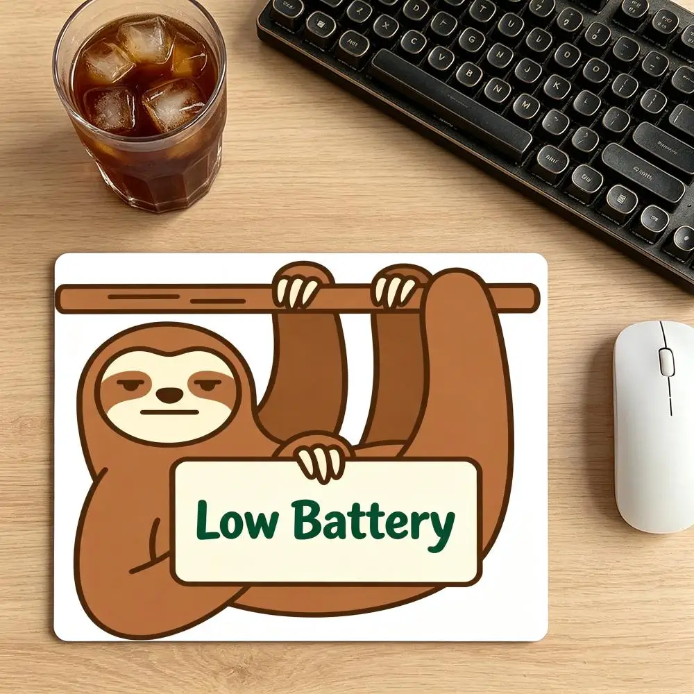 Cute Sloth Holding Low‑Battery‑Sign Art HD Print Natural Rubber Non‑Slip Table Mat For Laptop Bedroom Learning Gaming