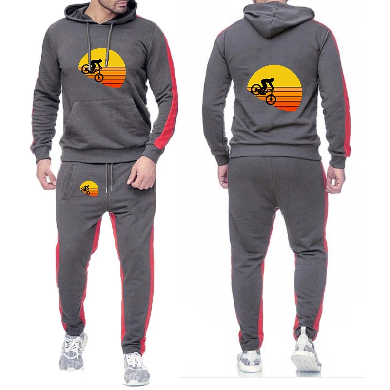 2026 Sports bike enthusiasts Print Spring And Autumn Men's New Solid Color Set Casual Long-sleeved Hoodies Sweatshirt Pants Suit