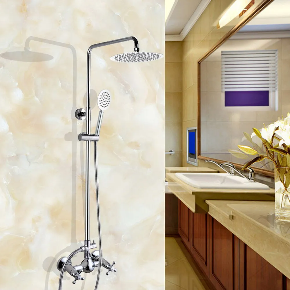 

Polished Chrome Shower Faucet Set 8 Inch Shower Head Hand Shower Sprayer W/ Hand Shower Wall Mounted Mixer Tap zcy309