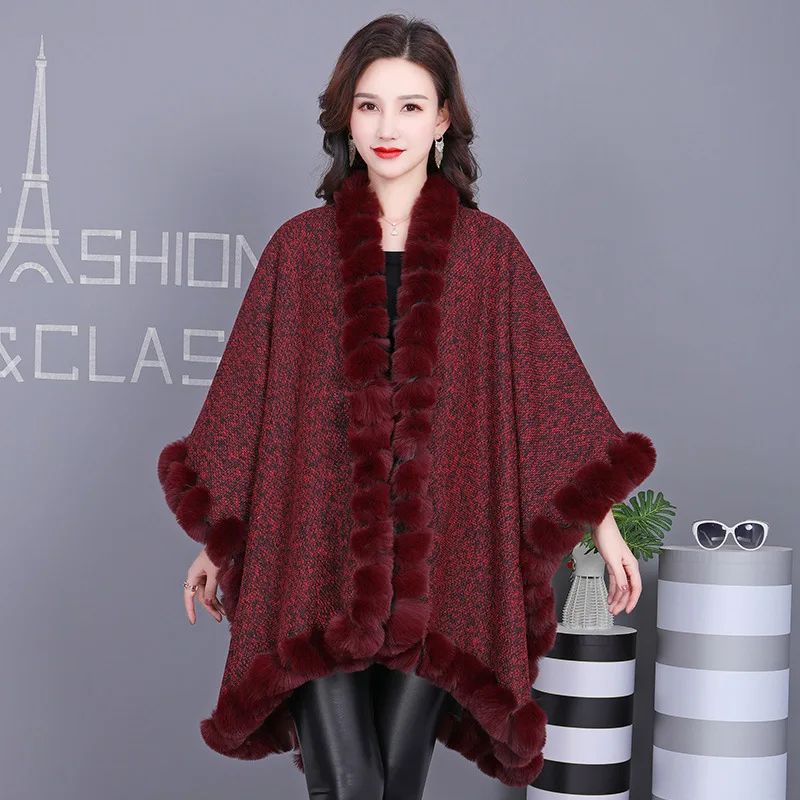 Red Luxury Faux Fur Coat Rabbit Fur Poncho Fashion Fur Shawl Wraps Loose Plus Size Women Winter Warm Fluffy Fur Long Cloak Cape