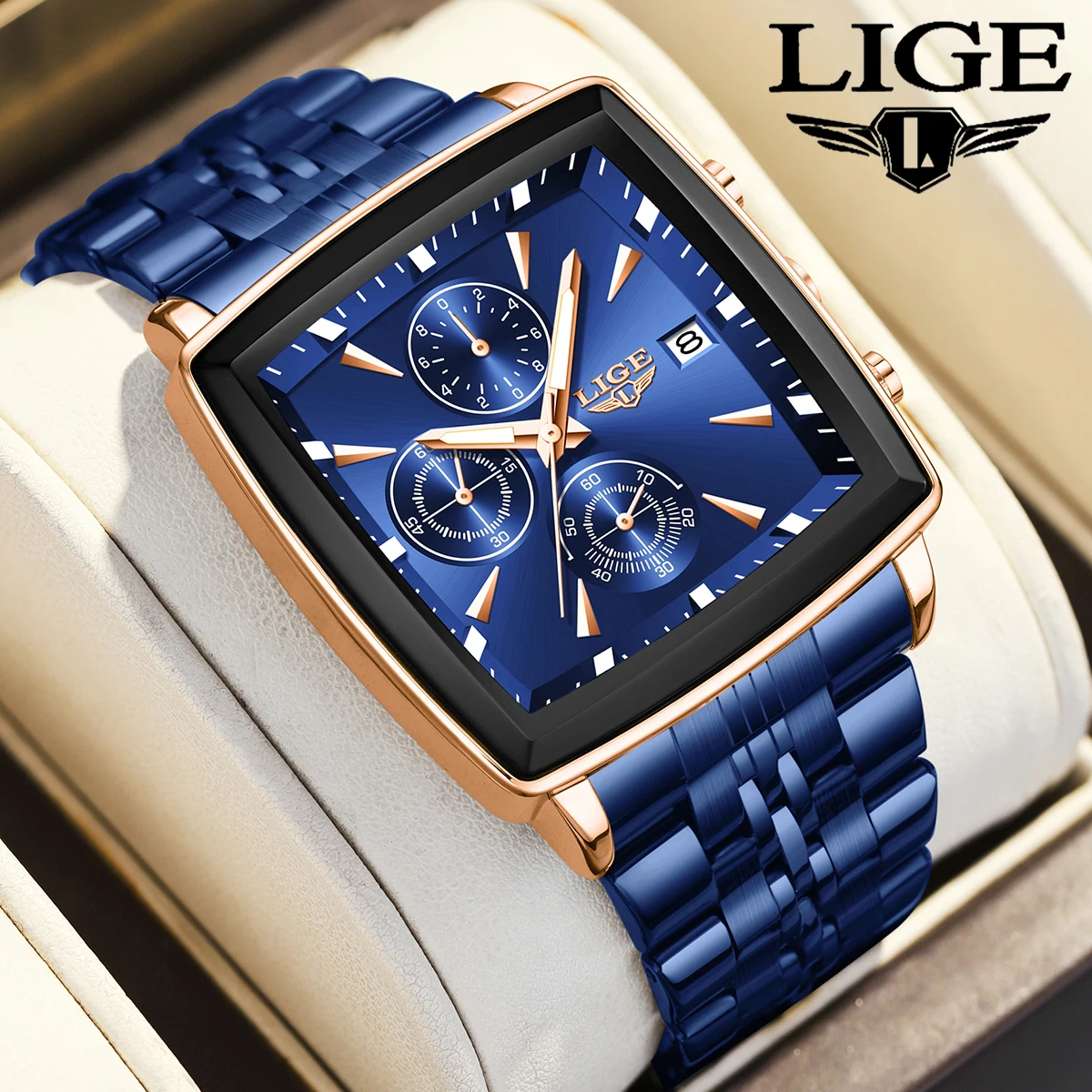 

LIGE 2026 Men's Watch Business Square Military Waterproof Sports quartz wristwatch Strap Calendar Gift watches for men reloj+BOX