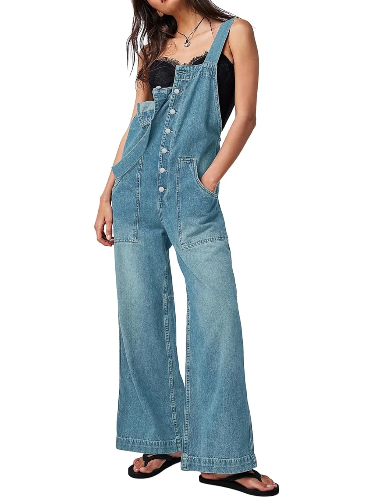 Women's Vintage Retro Denim Long Jumpsuit Casual Loose Button Up Adjustable Strap Baggy Wide Leg Jeans Overalls With Pocket