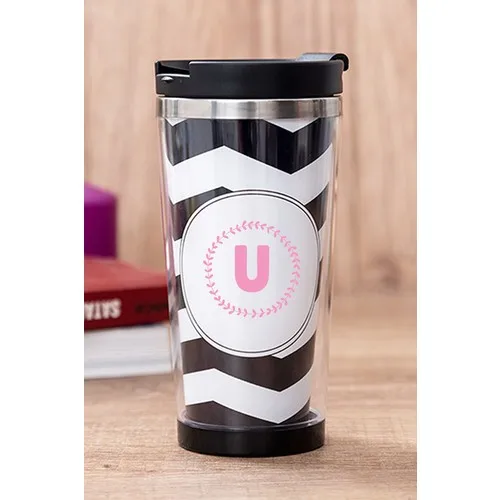 Gift Shop U Letter Pink Framed Black Thermos Cup