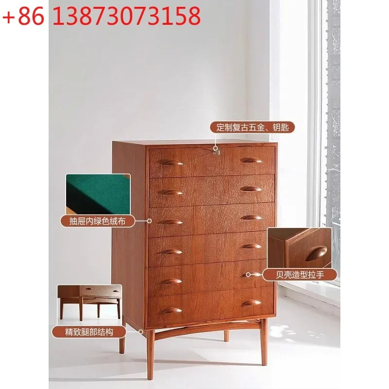 New creative shell handle teak six-chest cabinet, retro medieval living room storage drawer type multi-layer side cabinet